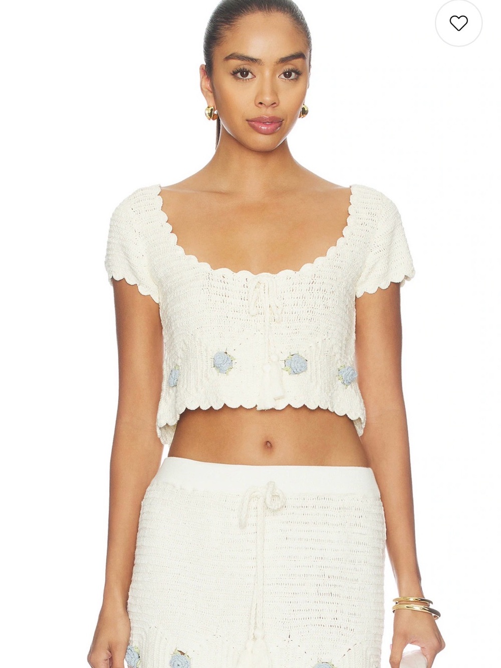 For Love And Lemons Cream Cropped Knit Top with Blue Floral Embroidery